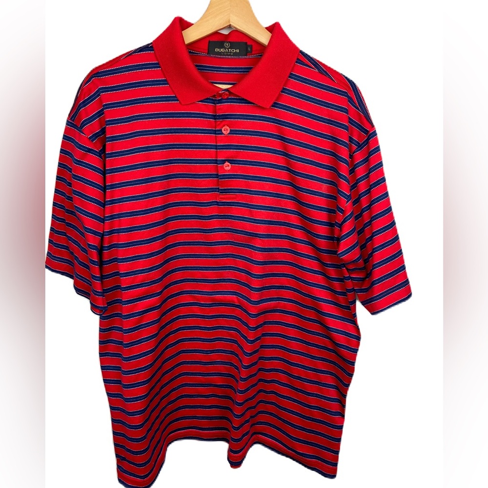 Bugatchi Men’s Large Red and Navy Horizontal Striped Short Sleeve Polo